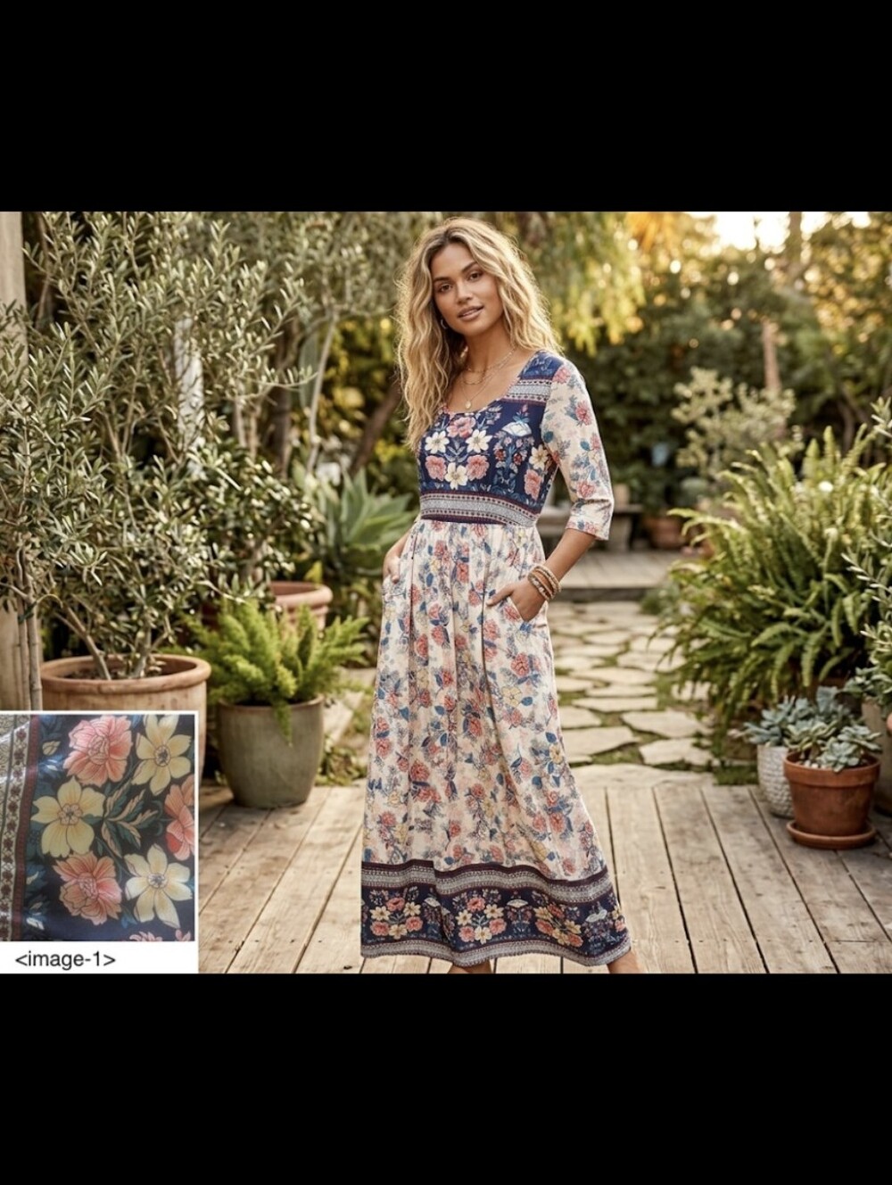 Floral Printed Boho Midi Dress in Navy and Cream